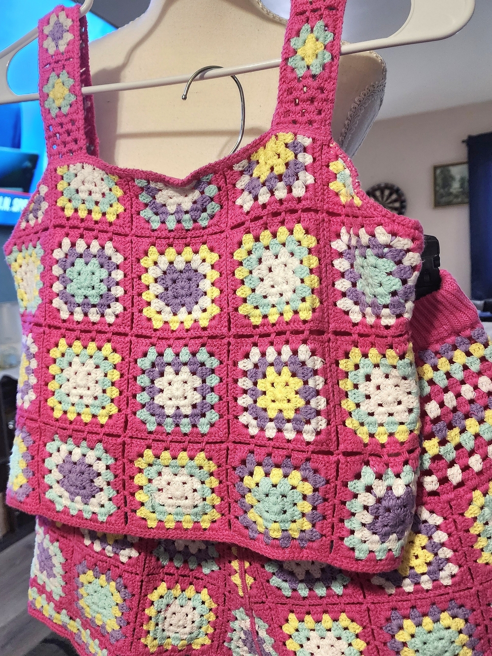 Design History Pink Crochet Square-Panel Short/Tank Set/pastel Accents Sz XL NWT
